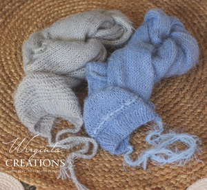 Wrap and Bonnet Set - Newborn - Blue or Grey Colour - Handmade - Fuzzy Yarn - Ready to Send - Photography Prop