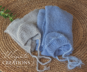 Wrap and Bonnet Set - Newborn - Blue or Grey Colour - Handmade - Fuzzy Yarn - Ready to Send - Photography Prop
