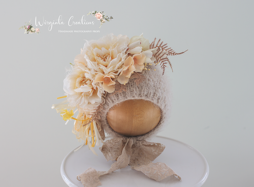 Handmade Bonnet | Hand-Knitted | Mushroom Beige, Cream | Decorated with Artificial Flowers | Photography Prop | Size: 6-12 months old | Ready to Send