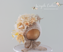 Load image into Gallery viewer, Handmade Bonnet | Hand-Knitted | Mushroom Beige, Cream | Decorated with Artificial Flowers | Photography Prop | Size: 6-12 months old | Ready to Send
