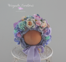 Load image into Gallery viewer, Flower Bonnet for Newborns (0-3 Months) | Photography Headpiece | Purple, Mint, Blue | Ready to Send