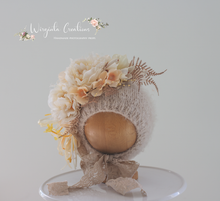 Load image into Gallery viewer, Handmade Bonnet | Hand-Knitted | Mushroom Beige, Cream | Decorated with Artificial Flowers | Photography Prop | Size: 6-12 months old | Ready to Send