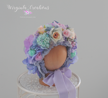 Load image into Gallery viewer, Flower Bonnet for Newborns (0-3 Months) | Photography Headpiece | Purple, Mint, Blue | Ready to Send