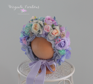 Flower Bonnet for Newborns (0-3 Months) | Photography Headpiece | Purple, Mint, Blue | Ready to Send