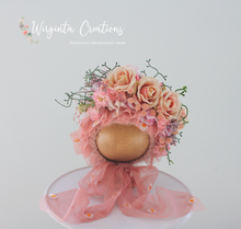 Load image into Gallery viewer, Handmade Bonnet | Hand-Knitted | Peach Pink | Decorated with Artificial Flowers | Photography Prop | Size: 6-12 months old | Ready to Send