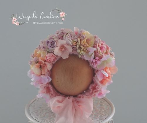 Flower Bonnet for Newborns (0-3 Months) | Photography Headpiece | Peach, Pink | Ready to Send