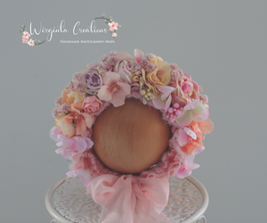 Flower Bonnet for Newborns (0-3 Months) | Photography Headpiece | Peach, Pink | Ready to Send
