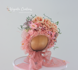 Handmade Bonnet | Hand-Knitted | Peach Pink | Decorated with Artificial Flowers | Photography Prop | Size: 6-12 months old | Ready to Send