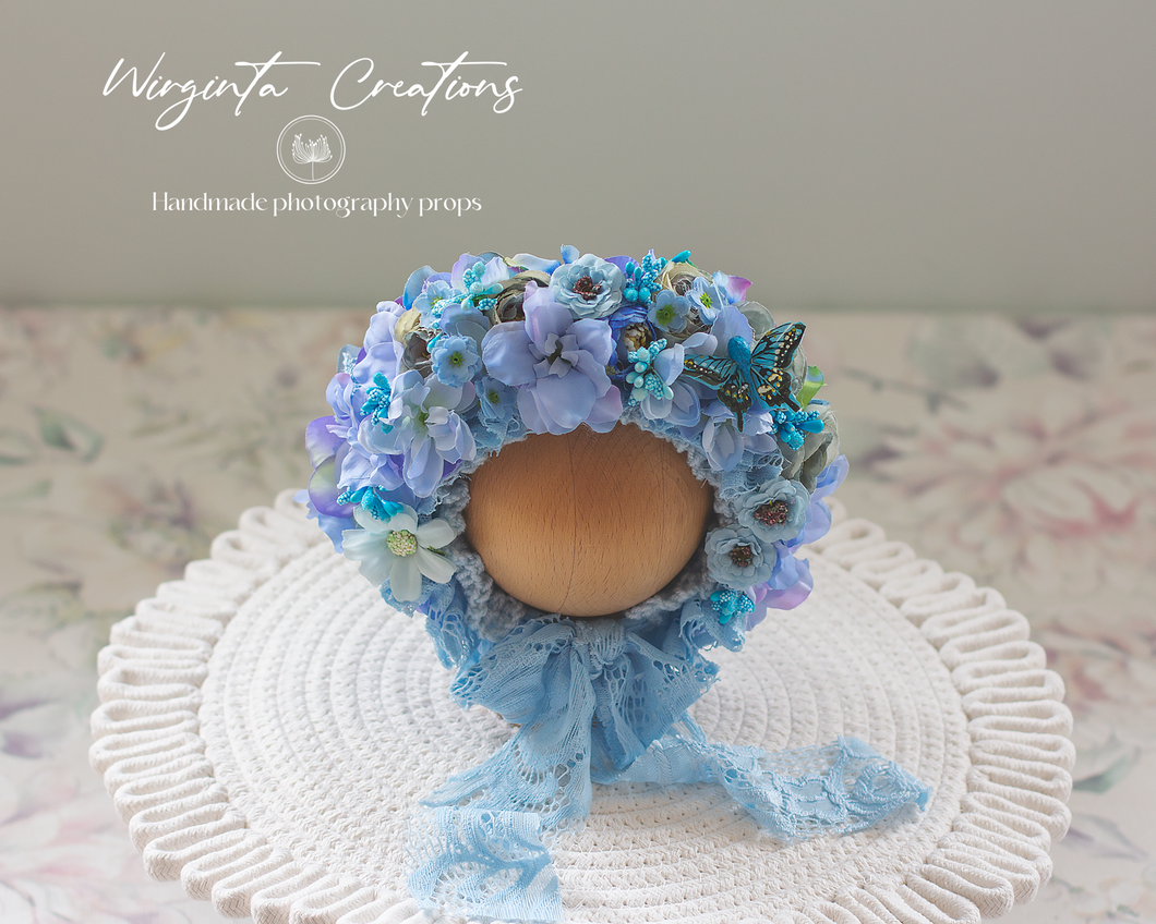 Flower Bonnet for Newborns (0-3 Months) | Photography Headpiece | Blue | Ready to Send