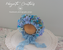 Load image into Gallery viewer, Flower Bonnet for Newborns (0-3 Months) | Photography Headpiece | Blue | Ready to Send