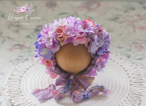 Flower Bonnet for Newborns (0-3 Months) | Photography Headpiece | Purple, Pink | Ready to Send