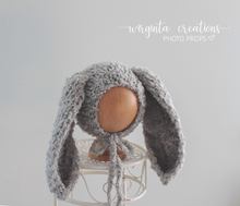 Load image into Gallery viewer, Bunny Bonnet | Hand-Knitted | Grey Colour | Floppy Ears | Easter | Size available: 6-12 months old