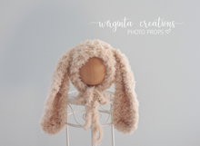 Load image into Gallery viewer, Fuzzy Yarn Bunny Bonnet | Hand-Knitted | Latte brown Colour | Floppy Ears | Easter | Size available: 6-12 months old
