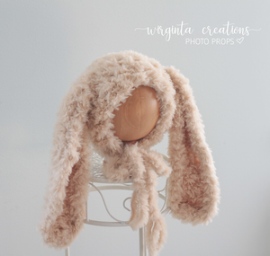 Fuzzy Yarn Bunny Bonnet | Hand-Knitted | Latte brown Colour | Floppy Ears | Easter | Size available: 6-12 months old