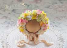 Load image into Gallery viewer, Flower Bonnet for Newborns (0-3 Months) | Photography Headpiece | Yellow, Cream | Ready to Send