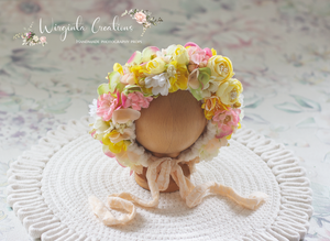 Flower Bonnet for Newborns (0-3 Months) | Photography Headpiece | Yellow, Cream | Ready to Send