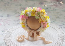 Load image into Gallery viewer, Flower Bonnet for Newborns (0-3 Months) | Photography Headpiece | Yellow, Cream | Ready to Send