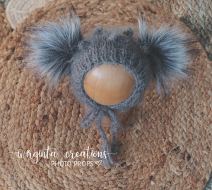 Newborn Koala Footed Romper with Matching Bonnet | Grey | Knitted | Photo Prop | Fuzzy Yarn | Bubble-Knit Stitch