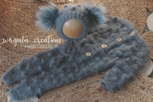 Load image into Gallery viewer, Newborn Koala Footed Romper with Matching Bonnet | Grey | Knitted | Photo Prop | Fuzzy Yarn | Bubble-Knit Stitch