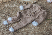 Load image into Gallery viewer, Latte Brown Knitted Newborn Footed Romper with Tail and Matching Cat Bonnet | Photo Prop | Non-Fuzzy Yarn | Cat Outfit | Ready to Send