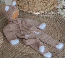 Load image into Gallery viewer, Latte Brown Knitted Newborn Footed Romper with Tail and Matching Cat Bonnet | Photo Prop | Non-Fuzzy Yarn | Cat Outfit | Ready to Send