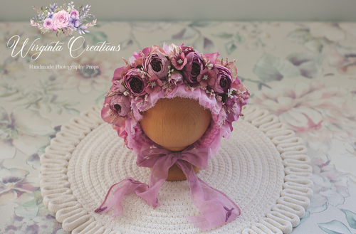 Flower Bonnet for Newborns (0-3 Months) | Photography Headpiece | Mauve Colour | Ready to Send