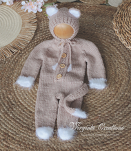 Load image into Gallery viewer, Beige Knitted Newborn Footed Romper with Tail and Matching Cat Bonnet | Photo Prop | Non-Fuzzy Yarn | Cat Outfit | Ready to Send