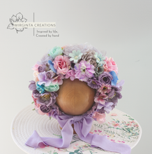 Load image into Gallery viewer, Flower Bonnet for 6-18 Months - Purple, Pink, Mint Colour - Handmade - Artificial Flower Headpiece - Photo Prop