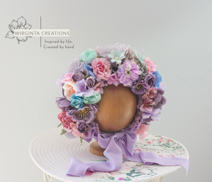 Flower Bonnet for 6-18 Months - Purple, Pink, Mint Colour - Handmade - Artificial Flower Headpiece - Photo Prop