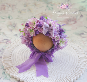Flower Bonnet for Newborns (0-3 Months) | Photography Headpiece | Purple Colour | Ready to Send