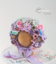 Load image into Gallery viewer, Flower Bonnet for 6-18 Months - Purple, Pink, Mint Colour - Handmade - Artificial Flower Headpiece - Photo Prop