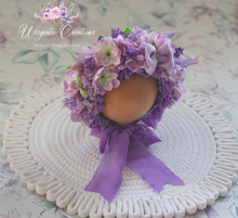 Load image into Gallery viewer, Flower Bonnet for Newborns (0-3 Months) | Photography Headpiece | Purple Colour | Ready to Send