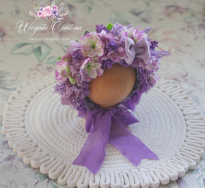 Flower Bonnet for Newborns (0-3 Months) | Photography Headpiece | Purple Colour | Ready to Send