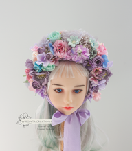 Load image into Gallery viewer, Flower Bonnet for 6-18 Months - Purple, Pink, Mint Colour - Handmade - Artificial Flower Headpiece - Photo Prop