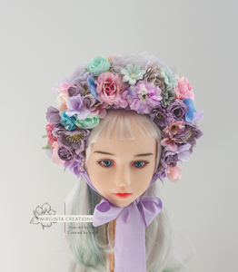 Flower Bonnet for 6-18 Months - Purple, Pink, Mint Colour - Handmade - Artificial Flower Headpiece - Photo Prop