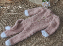 Load image into Gallery viewer, Powder Pink Knitted Newborn Footed Romper with Tail and Matching Cat Bonnet | Photo Prop | Fuzzy Yarn | Cat Outfit | Ready to Send