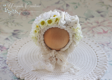 Load image into Gallery viewer, Flower Bonnet for Newborns (0-3 Months) | Chamomile Photography Headpiece | White, Cream Colour | Ready to Send