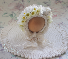 Load image into Gallery viewer, Flower Bonnet for Newborns (0-3 Months) | Chamomile Photography Headpiece | White, Cream Colour | Ready to Send