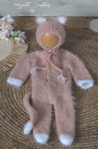 Powder Pink Knitted Newborn Footed Romper with Tail and Matching Cat Bonnet | Photo Prop | Fuzzy Yarn | Cat Outfit | Ready to Send