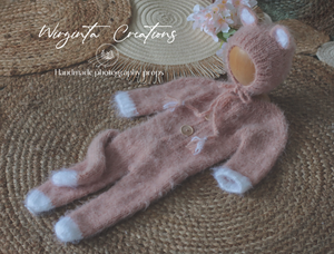 Powder Pink Knitted Newborn Footed Romper with Tail and Matching Cat Bonnet | Photo Prop | Fuzzy Yarn | Cat Outfit | Ready to Send