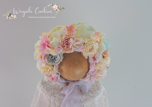 Load image into Gallery viewer, Flower Bonnet for 6-12 Months Old | Photography Prop | Pastel Colours, Cream, Pink | Artificial Flower Headpiece | Handmade