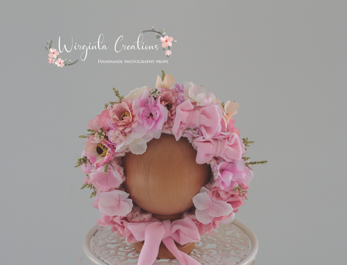 Flower Bonnet for Newborns (0-3 Months) | Photography Headpiece | Pink | Ready to Send