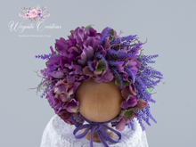 Load image into Gallery viewer, Flower Bonnet for 12-24 Months Old | Dark Purple Colour | Photography Prop | Artificial Lavender Headpiece