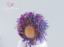 Load image into Gallery viewer, Flower Bonnet for 12-24 Months Old | Dark Purple Colour | Photography Prop | Artificial Lavender Headpiece