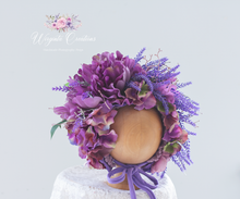 Load image into Gallery viewer, Flower Bonnet for 12-24 Months Old | Dark Purple Colour | Photography Prop | Artificial Lavender Headpiece