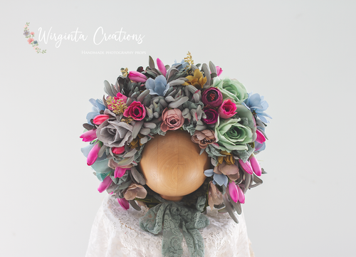 Flower Bonnet for 12-24 Months Old | Pale Green, Mint Colour | Photography Prop | Artificial Flower Headpiece