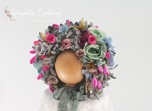 Flower Bonnet for 12-24 Months Old | Pale Green, Mint Colour | Photography Prop | Artificial Flower Headpiece