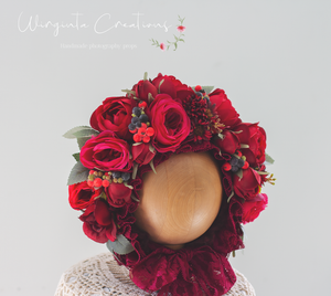 Flower Bonnet for 12-24 Months Old | Burgundy Colour | Photography Prop | Artificial Flower Headpiece