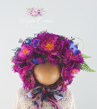 Load image into Gallery viewer, Flower Bonnet for 12-24 Months Old | Magenta Colour | Photography Prop | Artificial Flower Headpiece
