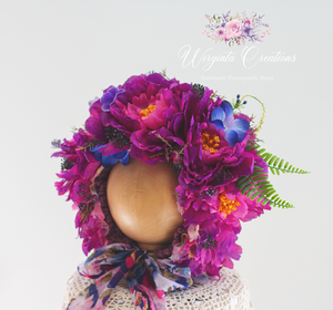 Flower Bonnet for 12-24 Months Old | Magenta Colour | Photography Prop | Artificial Flower Headpiece